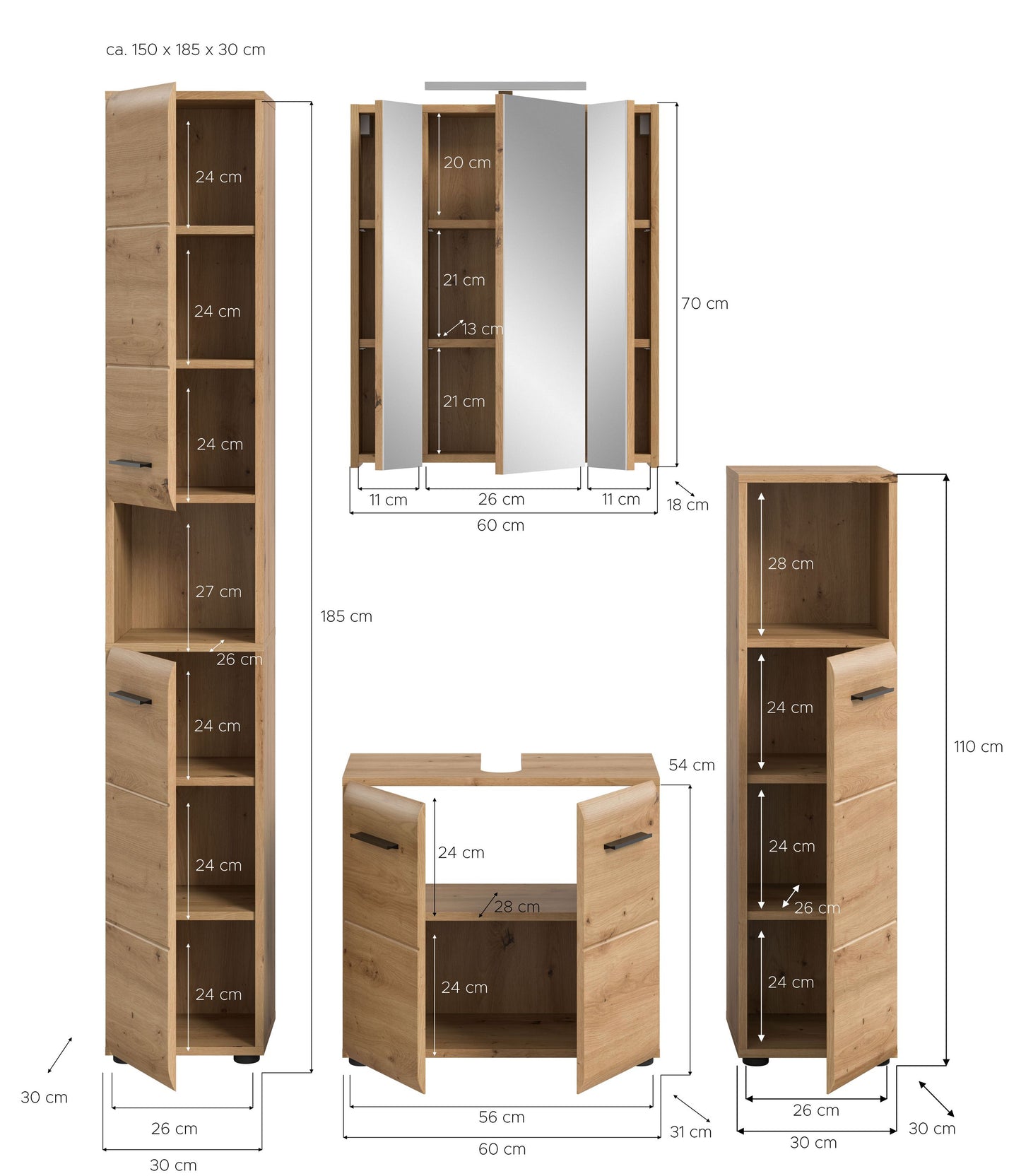 Badmöbel-Set 5-tlg. Maßzeichnung: Hochschrank, Spiegelschrank, Waschtisch- und Seitenschrank, Holz