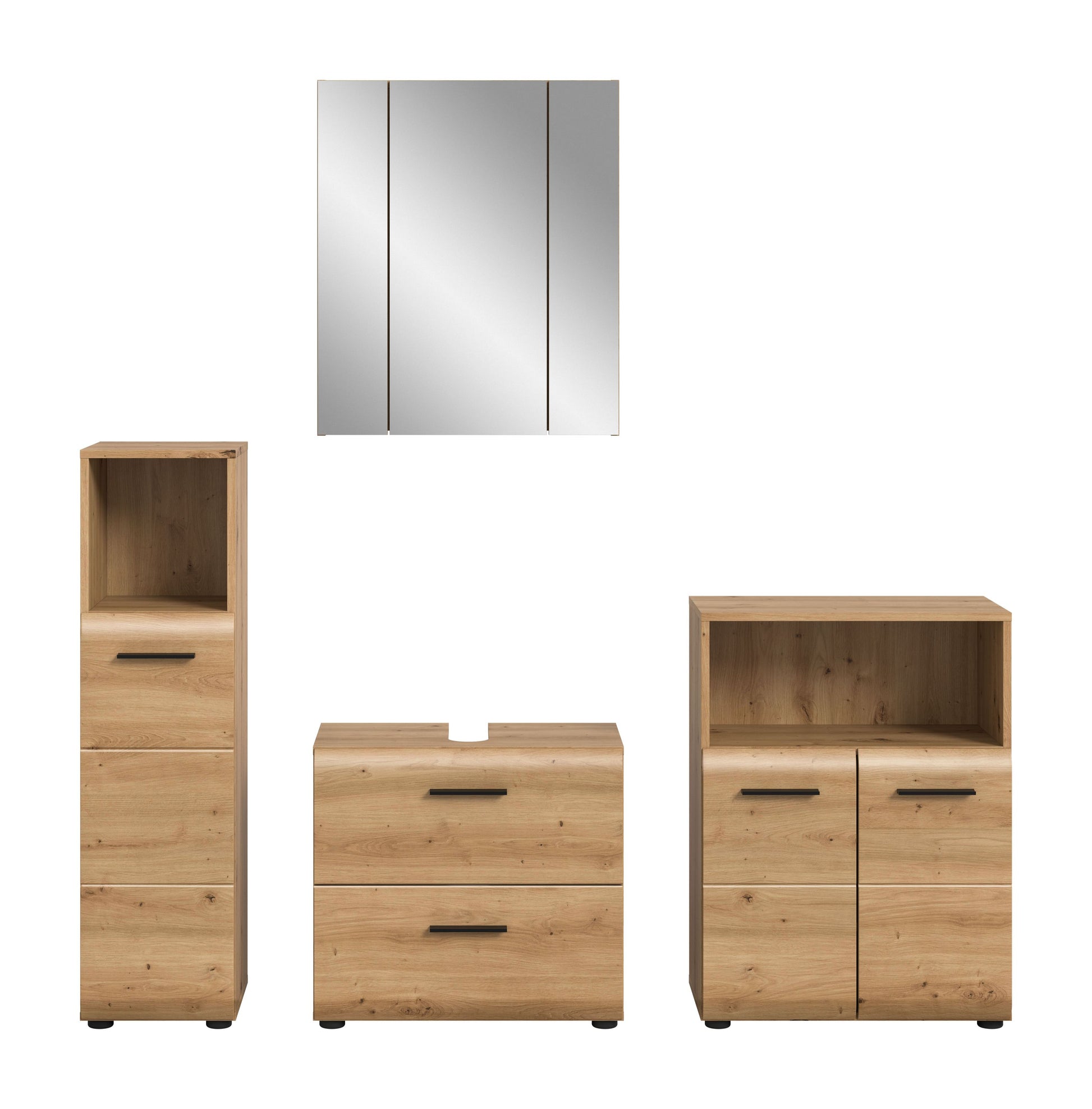 Badmöbel-Set 4-teilig mit Spiegelschrank, Hochschrank und Schrank in hellem Holzdekor