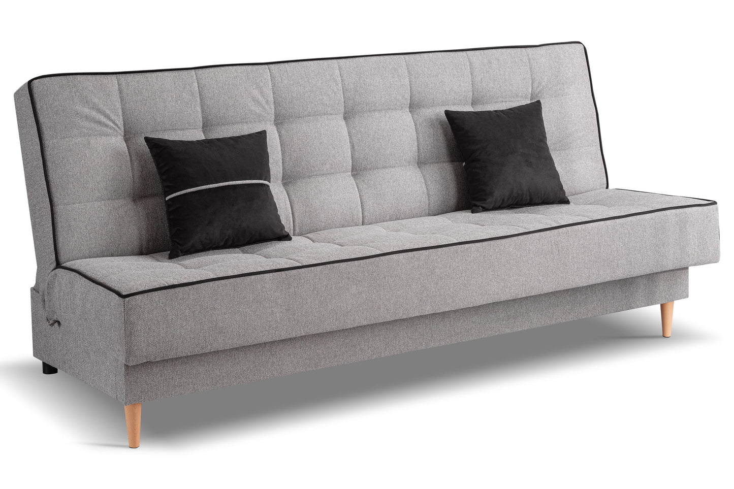 Schlafsofa mit Schlaffunktion, hellgrauer Stoff, gepolsterte Rückseite, zwei schwarze Kissen