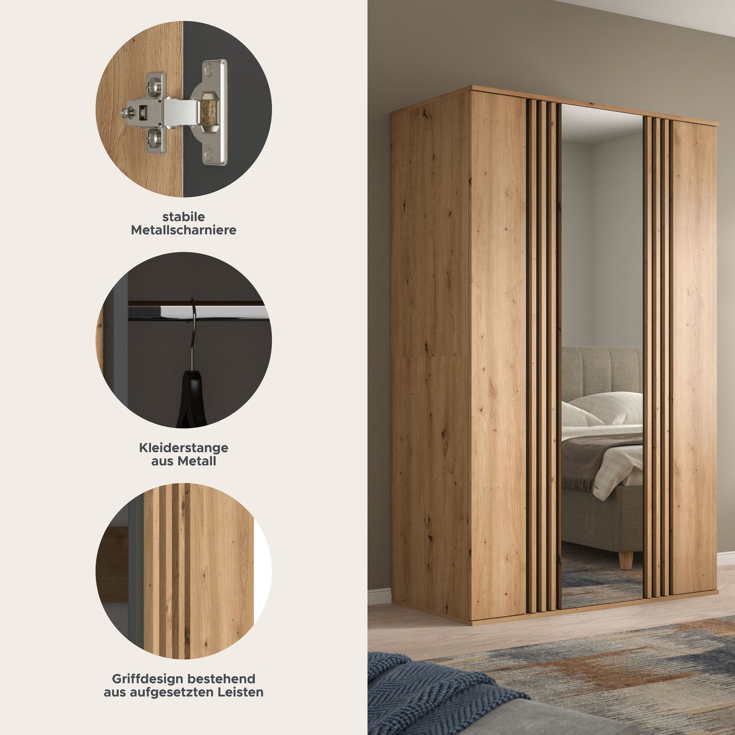 Homes & Jones Kleiderschrank 120cm breit 3-türig, Schlafzimmerschrank
