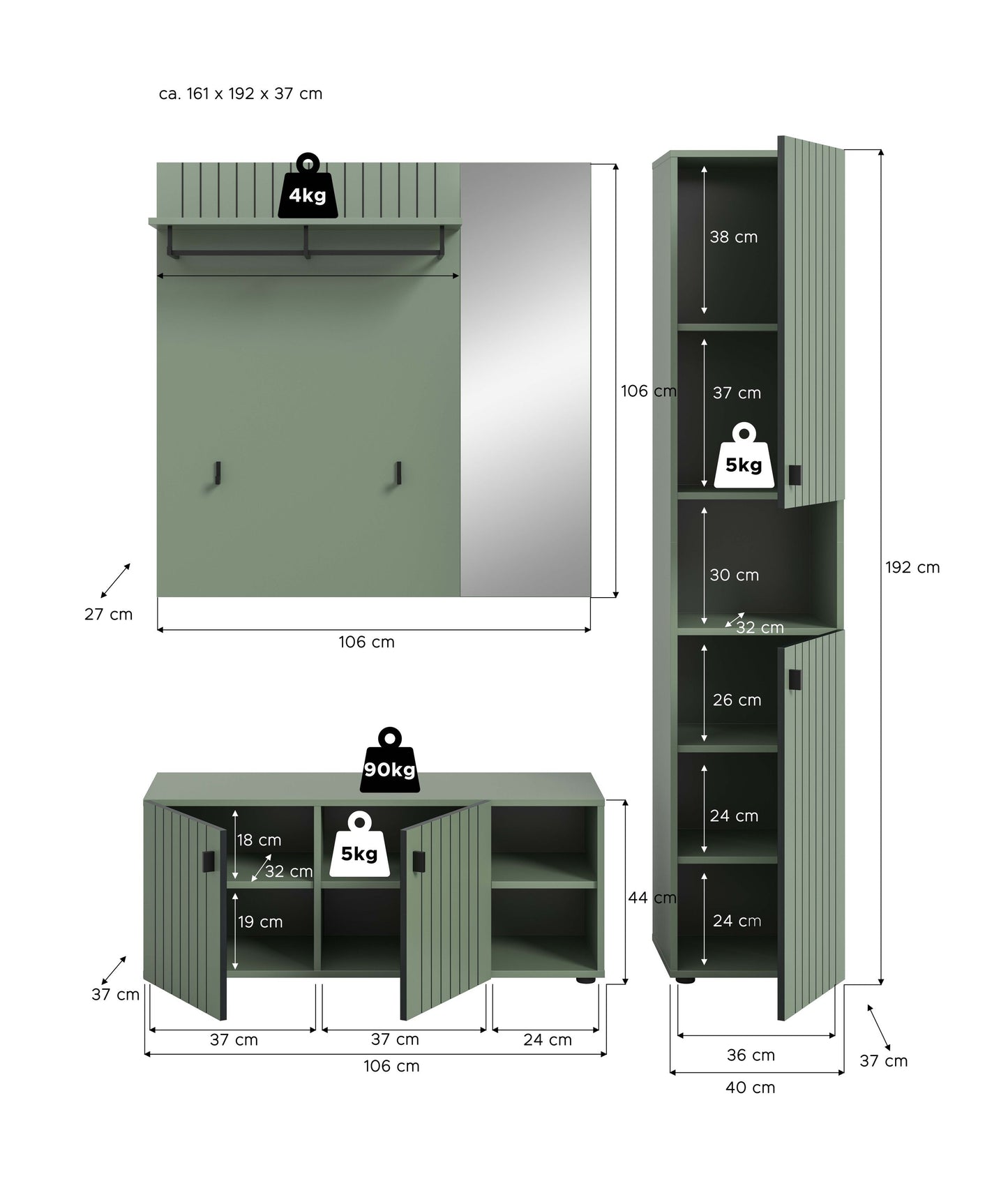 Homes & Jones Garderobe 3-tlg. Garderoben Set, Flurmöbel-Dielenmöbel