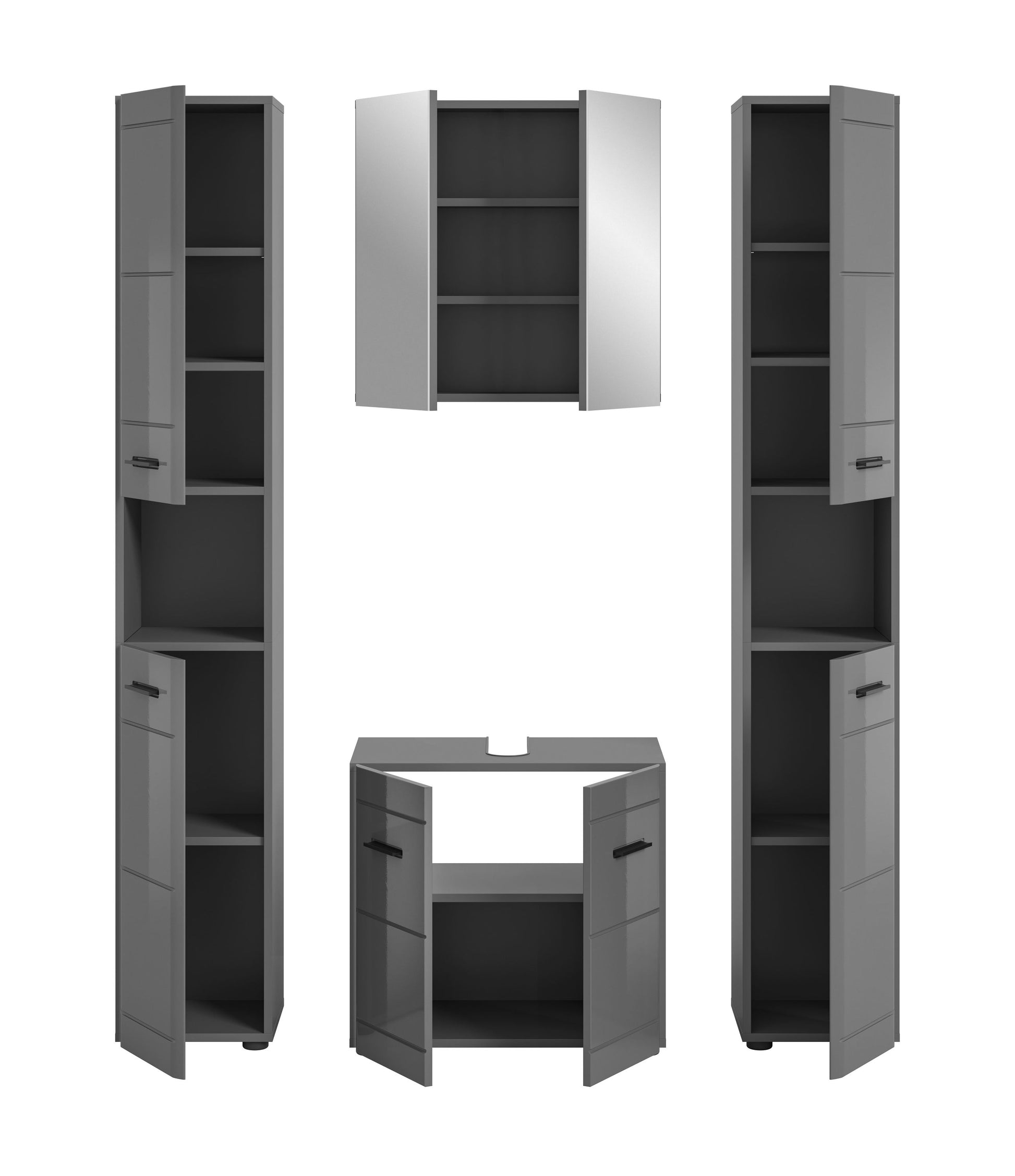 Badmöbel-Set mit geöffneten Hochschränken und Spiegelschrankfach, graue Fronten