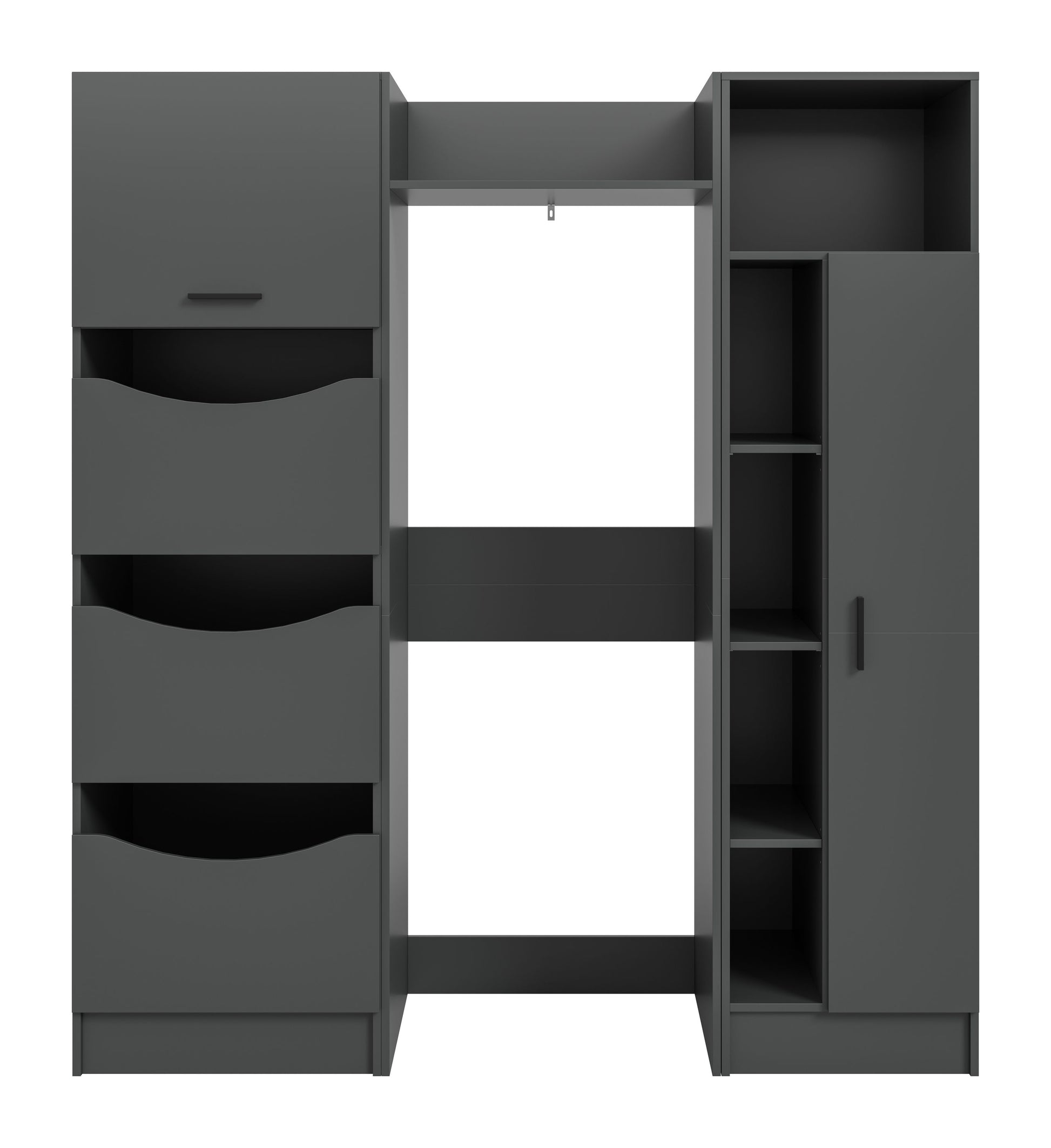 Waschmaschinenschrank-Set (3-teilig) in Anthrazit, geöffnet mit Schubladen und rechten Innenfächern.
