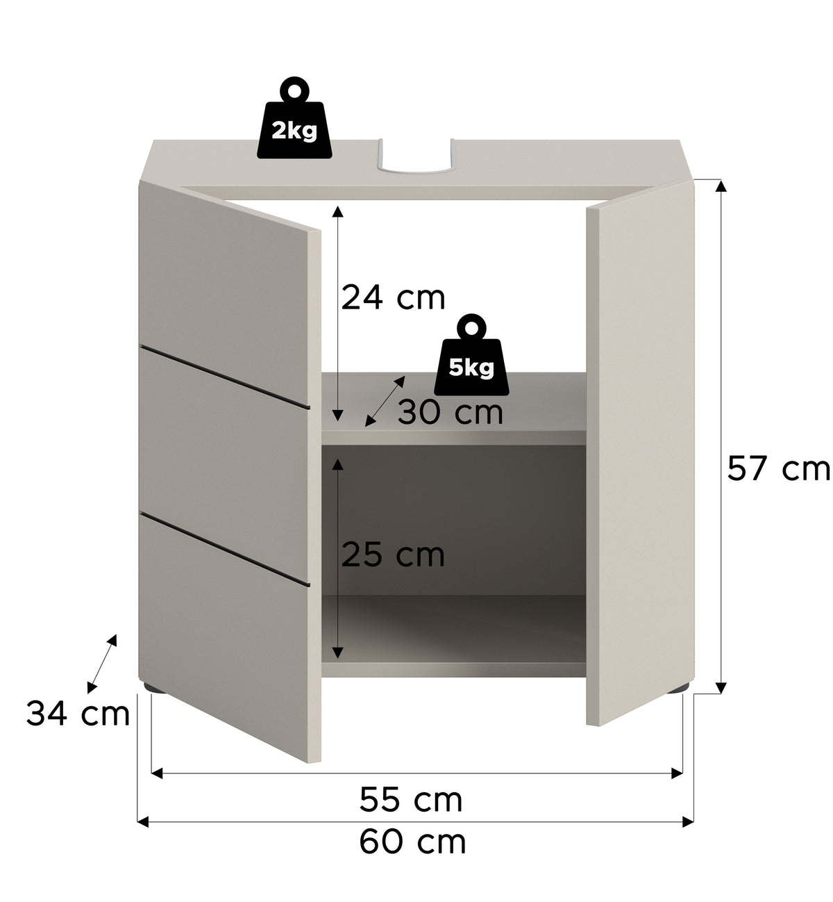 Waschbeckenunterschrank 60 cm breit, Maßeinteilung mit Innenfach und zwei Schubladen