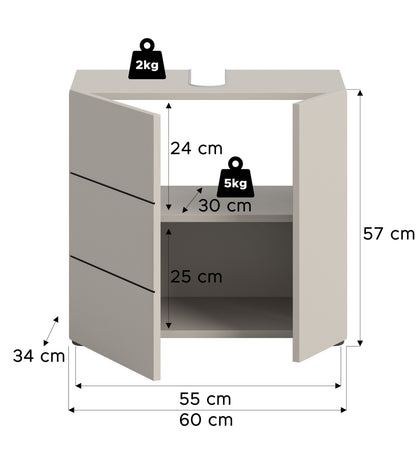 Waschbeckenunterschrank 60 cm breit, Maßeinteilung mit Innenfach und zwei Schubladen