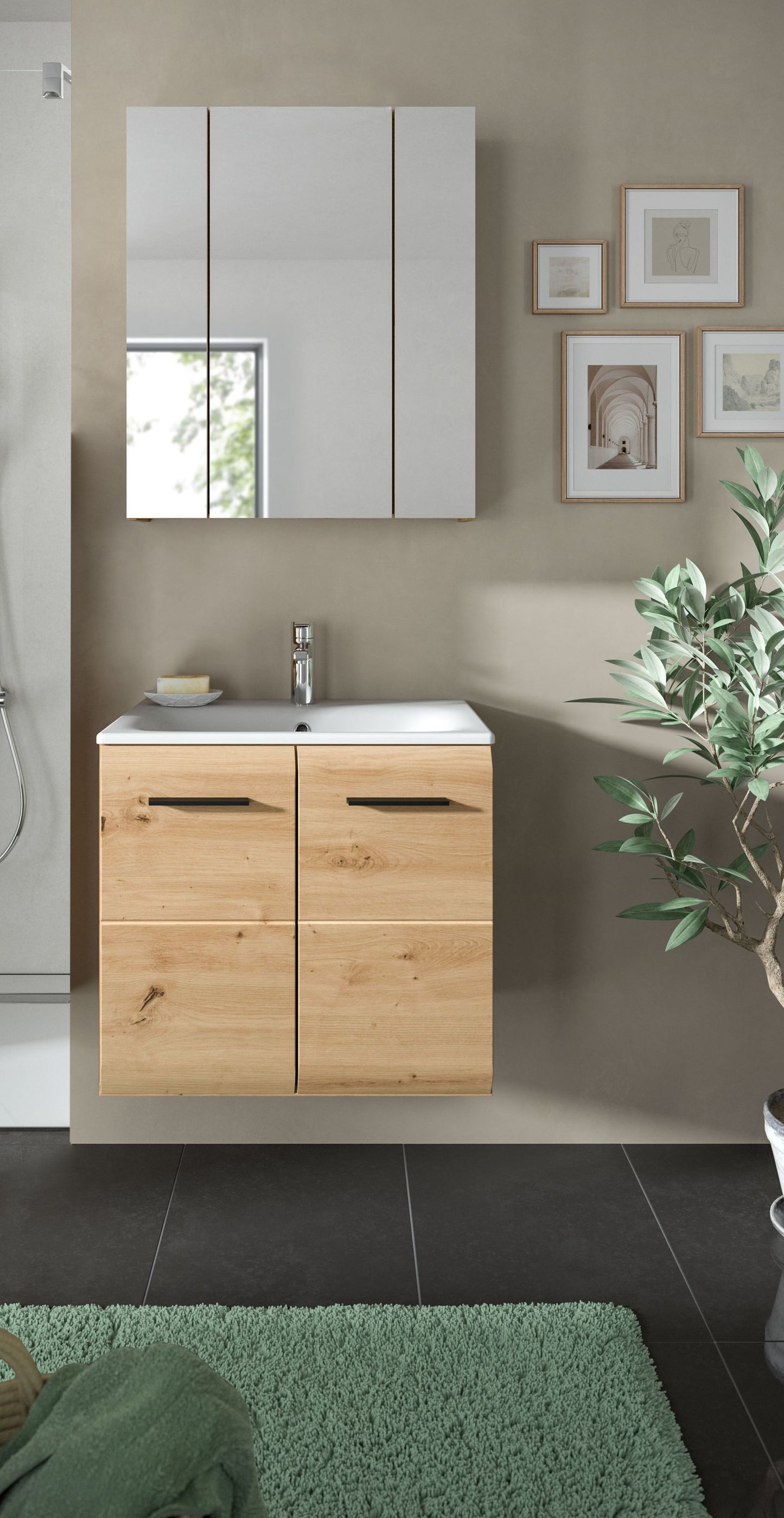 Badmöbel-Set mit Spiegelschrank und Waschtischunterschrank, helle Holzoptik, integriertes Becken