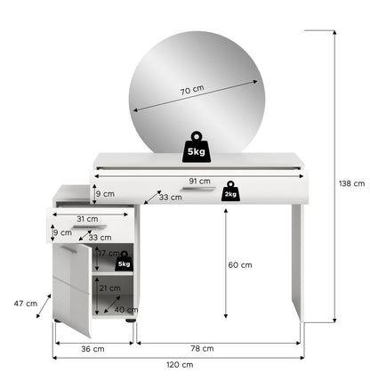 Coiffeuse avec miroir ICE (L/H/P : env. 120/138/47 cm) en blanc/blanc brillant