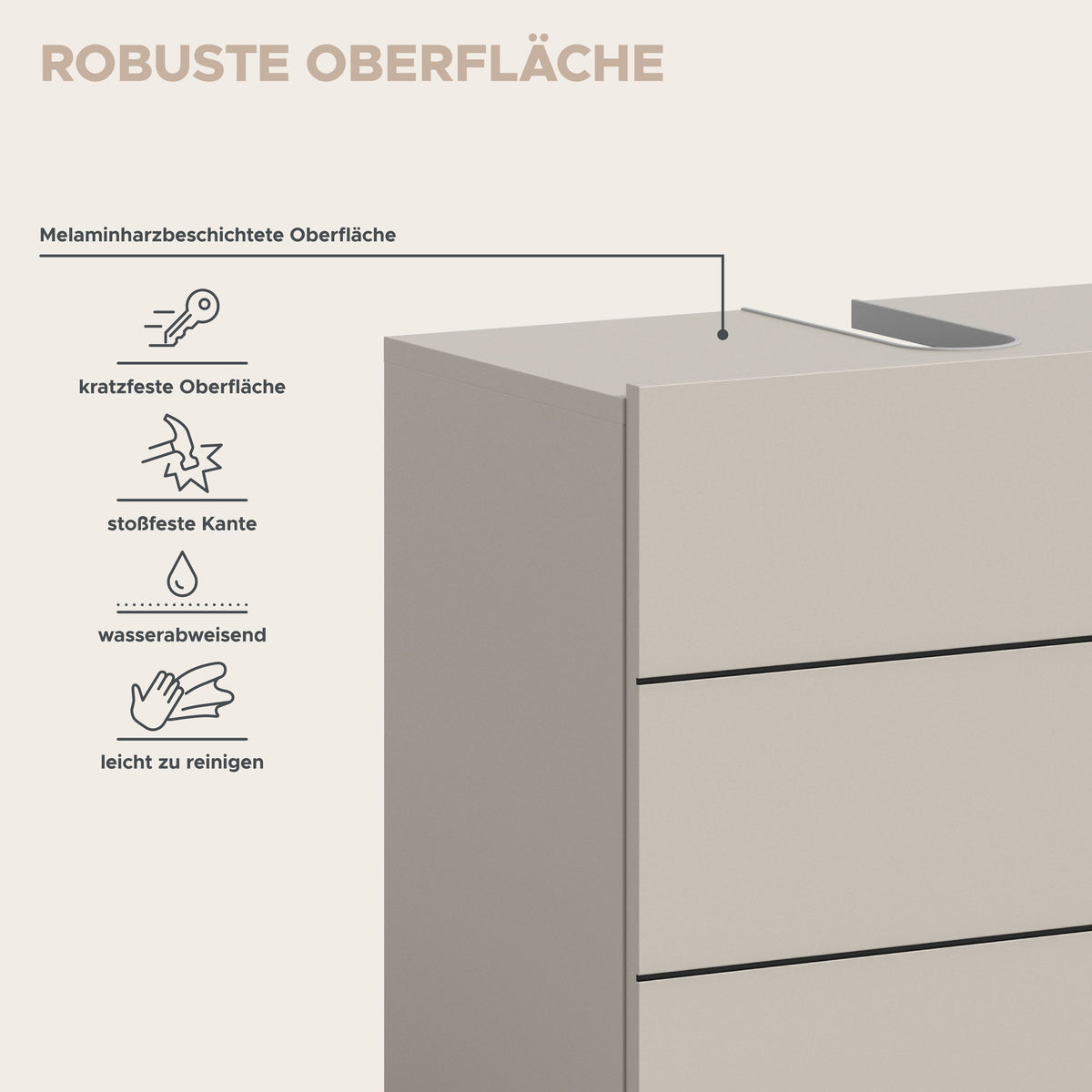 Seitenansicht des Waschbeckenunterschranks mit robuster Melaminharzoberfläche