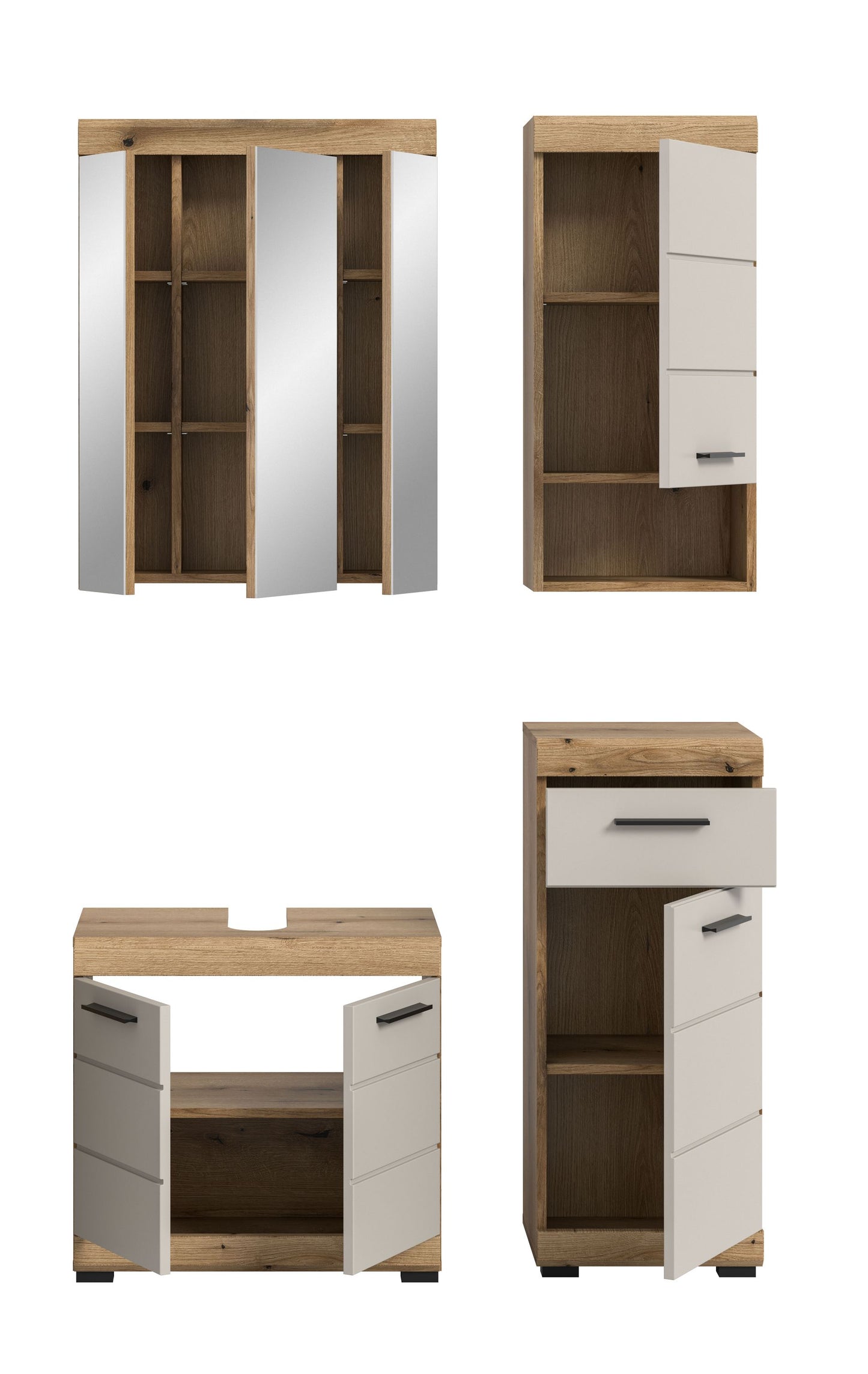 Badezimmerset 4-teilig mit offenen Regalfächern, Schubkästen und Fronten in Holzoptik/Weiß