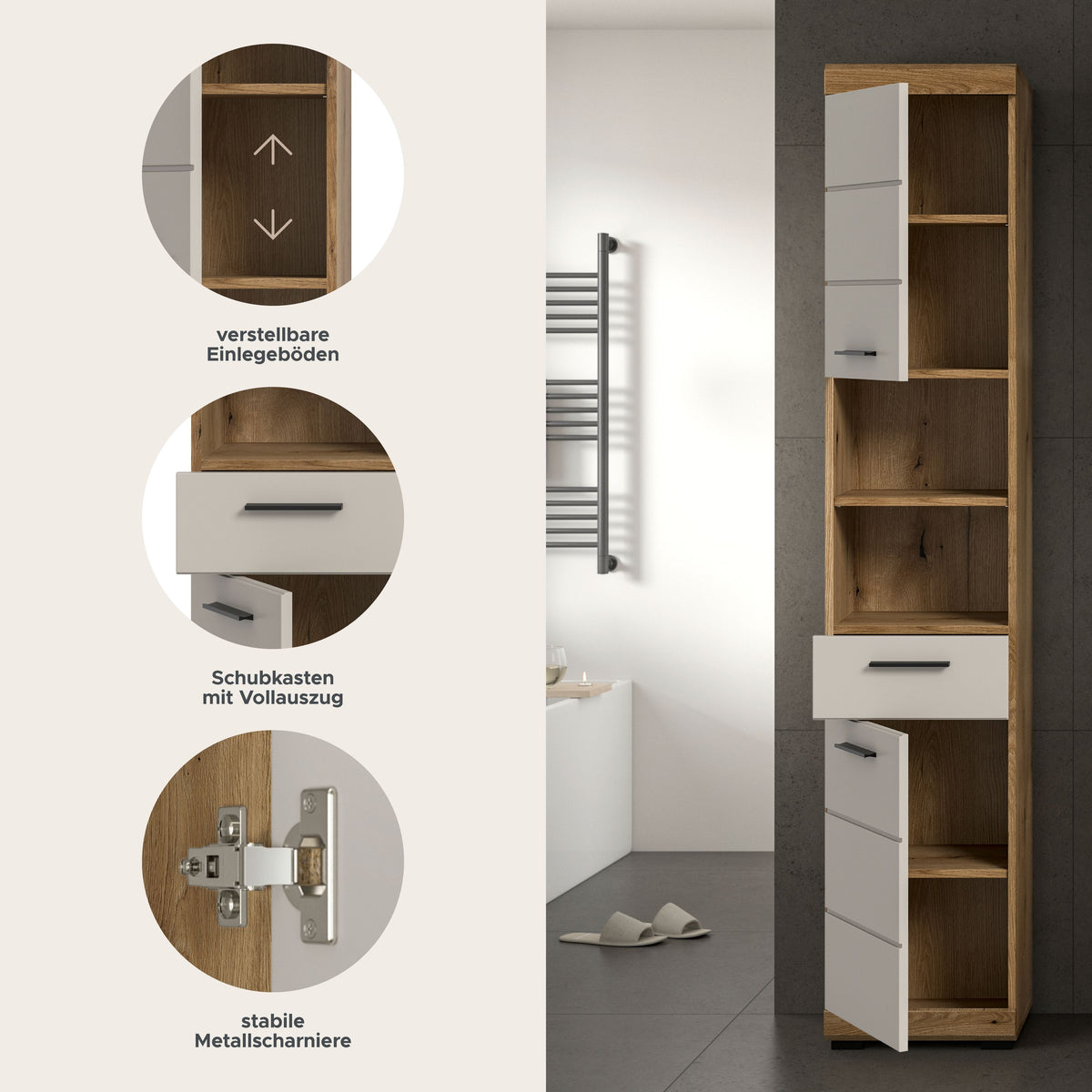 Badhochschrank mit offenen Fächern, Eichen-/Salbeioptik, weißes Frontdesign und Schubladen