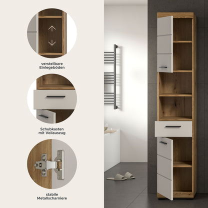 Badhochschrank mit offenen Fächern, Eichen-/Salbeioptik, weißes Frontdesign und Schubladen