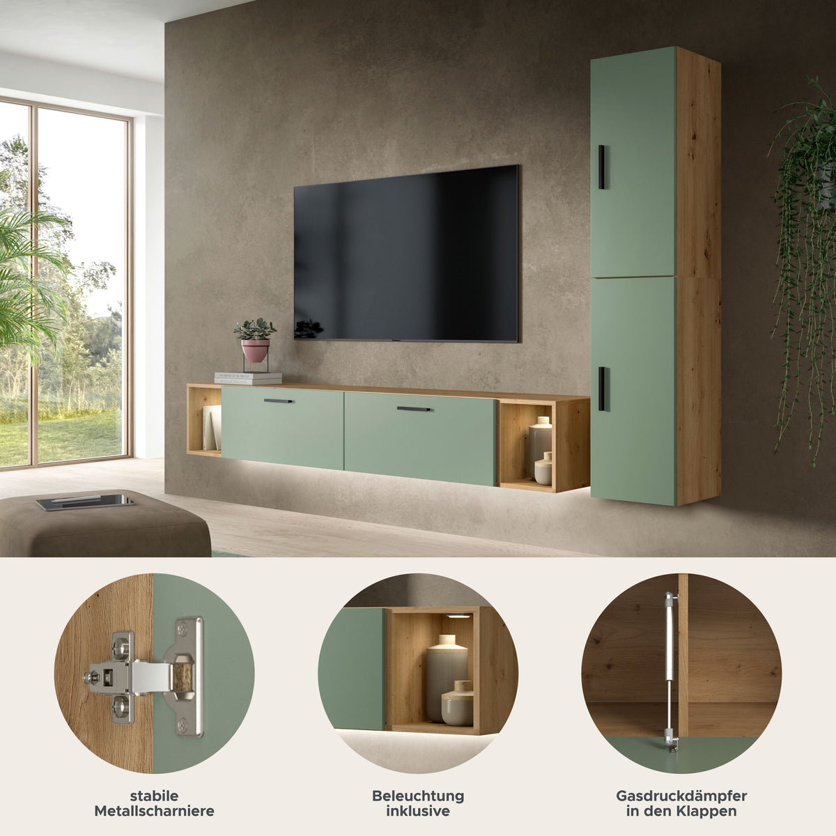 Wohnwand für TV: Lowboard mit Smoke-Green Fronten, Artisan-Oak Korpus, integrierte Beleuchtung
