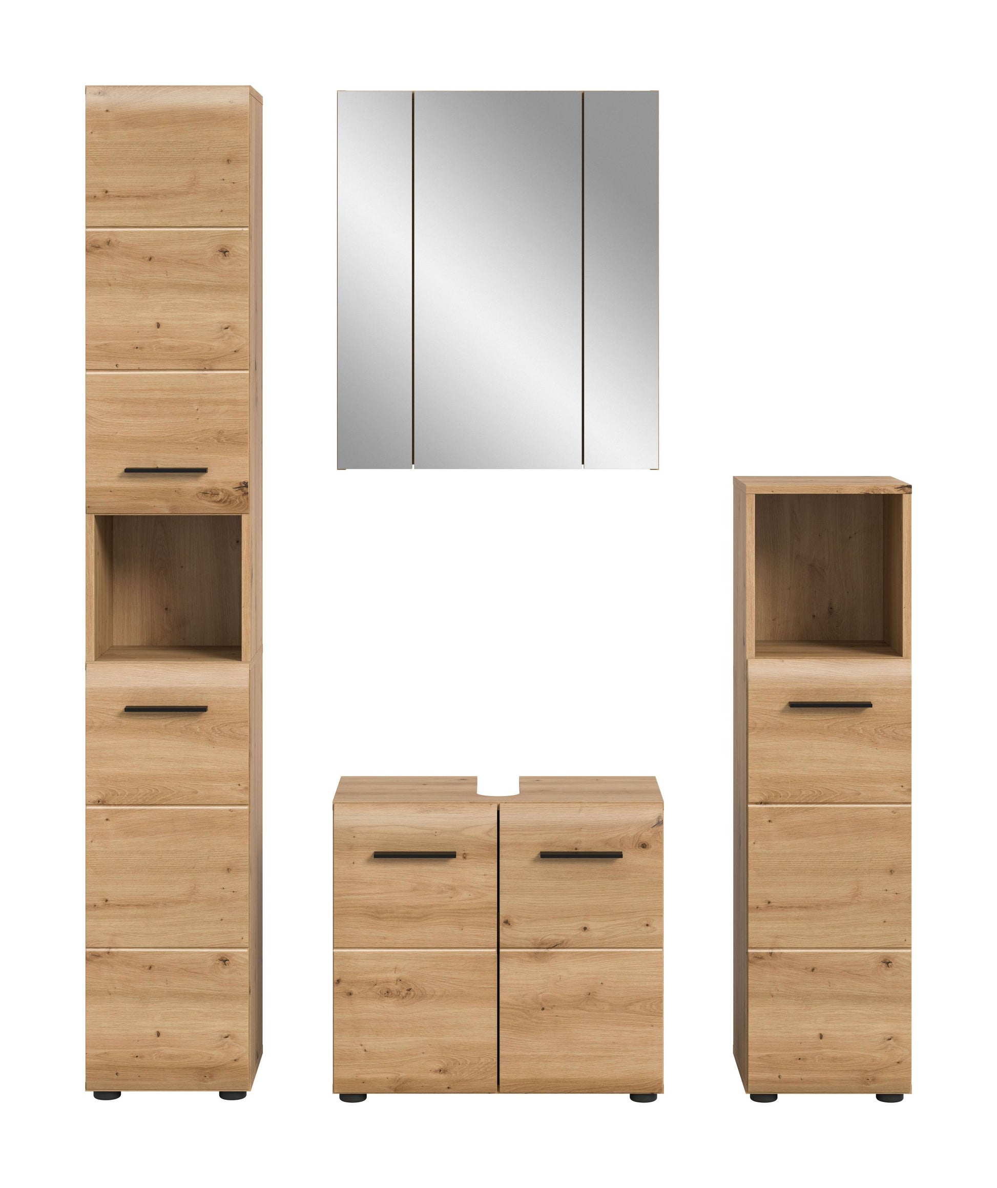 Badmöbel-Set 4-teilig in hellem Holz, Spiegelschrank mit schmalen Türen