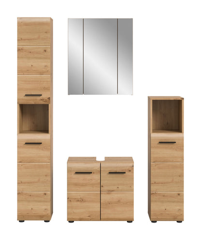 Badmöbel-Set 4-teilig in hellem Holz, Spiegelschrank mit schmalen Türen