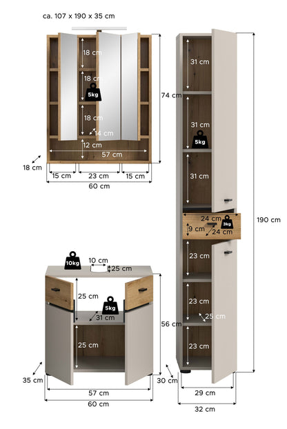 Homes & Jones Badmöbel Set 3-tlg. mit Badspiegelschrank inkl. Beleuchtung