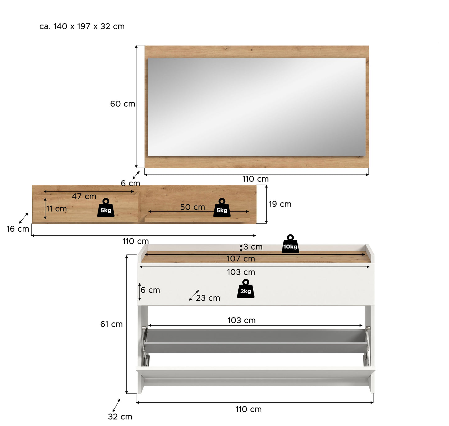 Ensemble de vestibule DRIVE (L/H/P : env. 140/192/32 cm) en sauge/sauge