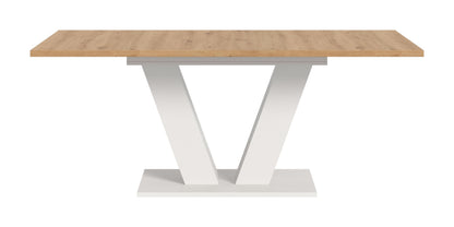 Esstisch mit Holzplatte und weißem X-Gestell, seitliche Vorderansicht