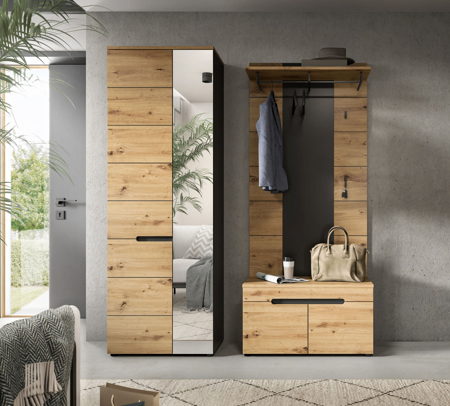 Homes & Jones Garderobenset 3-tlg., 1x Paneel, Sitzbank, Schrank mit Spiegel