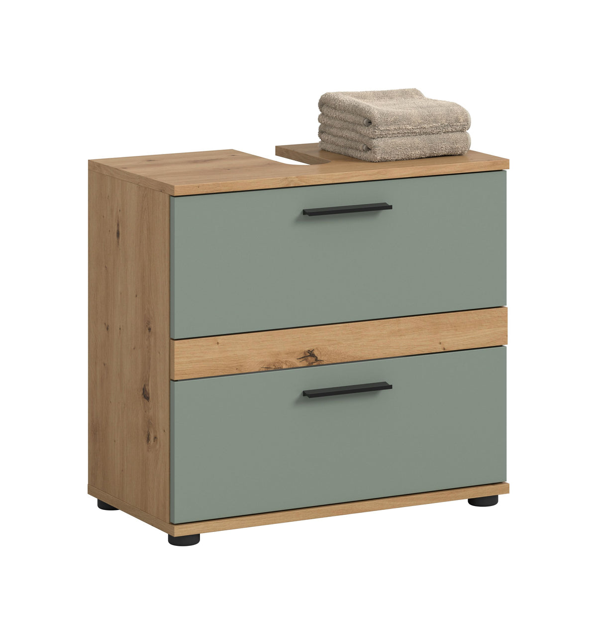 Waschbeckenunterschrank mit 2 Schubladen, türkisgrün, Holzseiten, Griffmulden