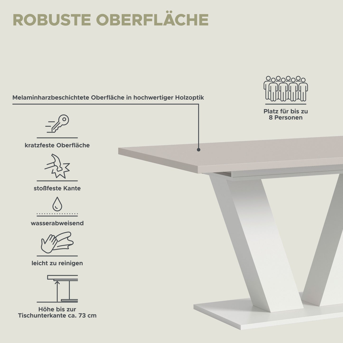 Esstisch mit X-Gestell, Grafik zur robusten Plattenoberfläche und Pflegeeigenschaften