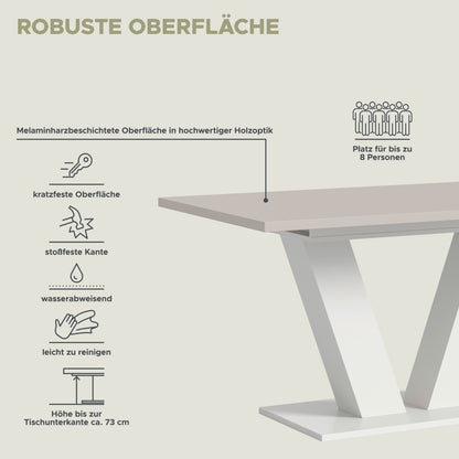 Esstisch mit X-Gestell, Grafik zur robusten Plattenoberfläche und Pflegeeigenschaften