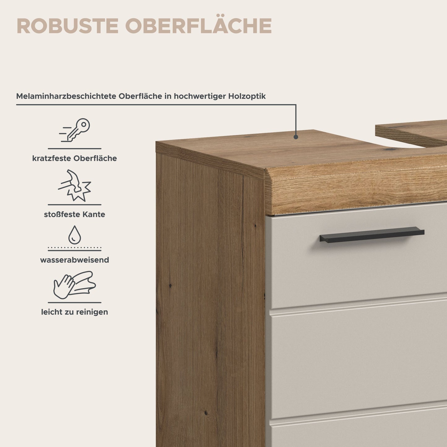 Badezimmerschrank mit hellem Holzdekor und weißem Unterschrank, Schubladenfront mit Griff