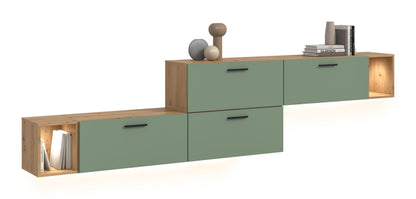 Living Room Combination incl. Lighting THE ONE (W/H/D: approx. 276/97/34 cm) in Artisan Oak Reproduction/Smoke Green