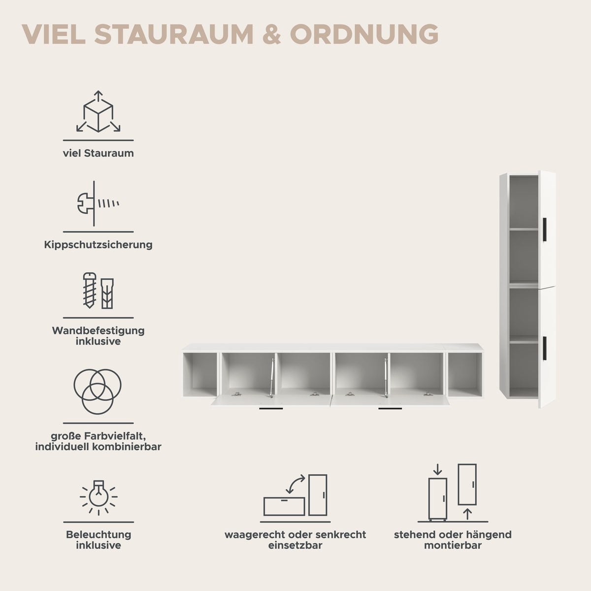 Wohnwand-Set mit vielen Innenfächern, Kippschutz und Beleuchtung für mehr Ordnung