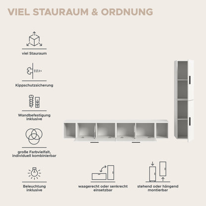 Wohnwand-Set mit vielen Innenfächern, Kippschutz und Beleuchtung für mehr Ordnung