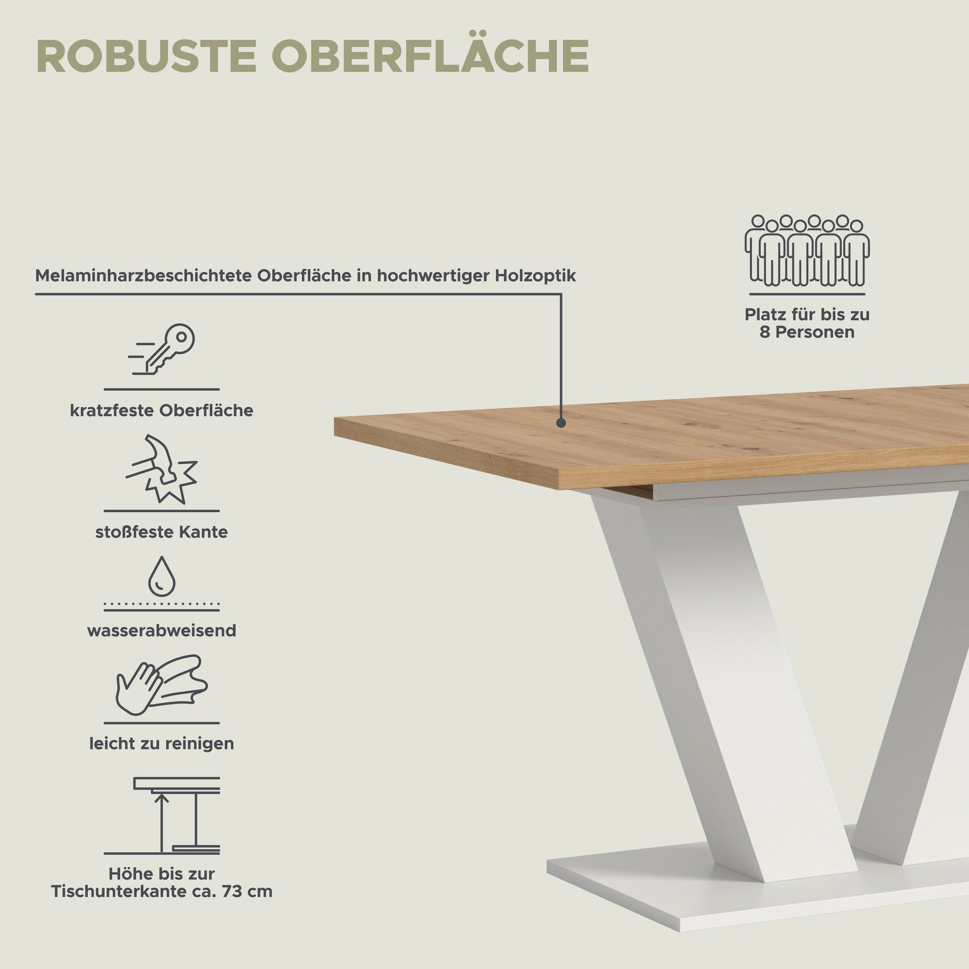 Melaminharzbeschichtete Tischplatte, robuste Oberfläche, pflegeleicht und wasserabweisend