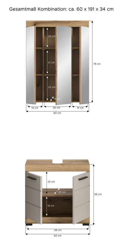 Badezimmerset (2-teilig) mit Spiegelschrank und Unterschrank, Maßangaben am Produkt