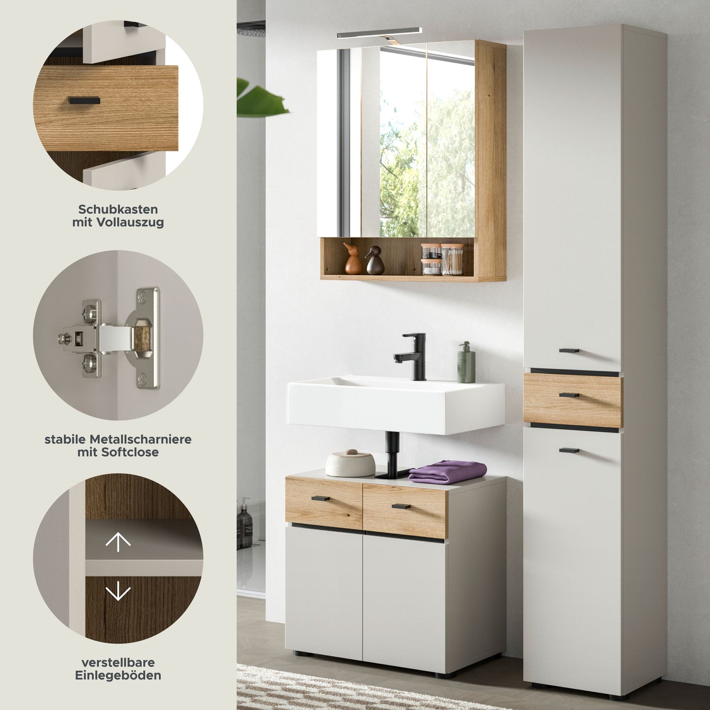 Homes & Jones Badmöbel Set 3-tlg. mit Badspiegelschrank inkl. Beleuchtung