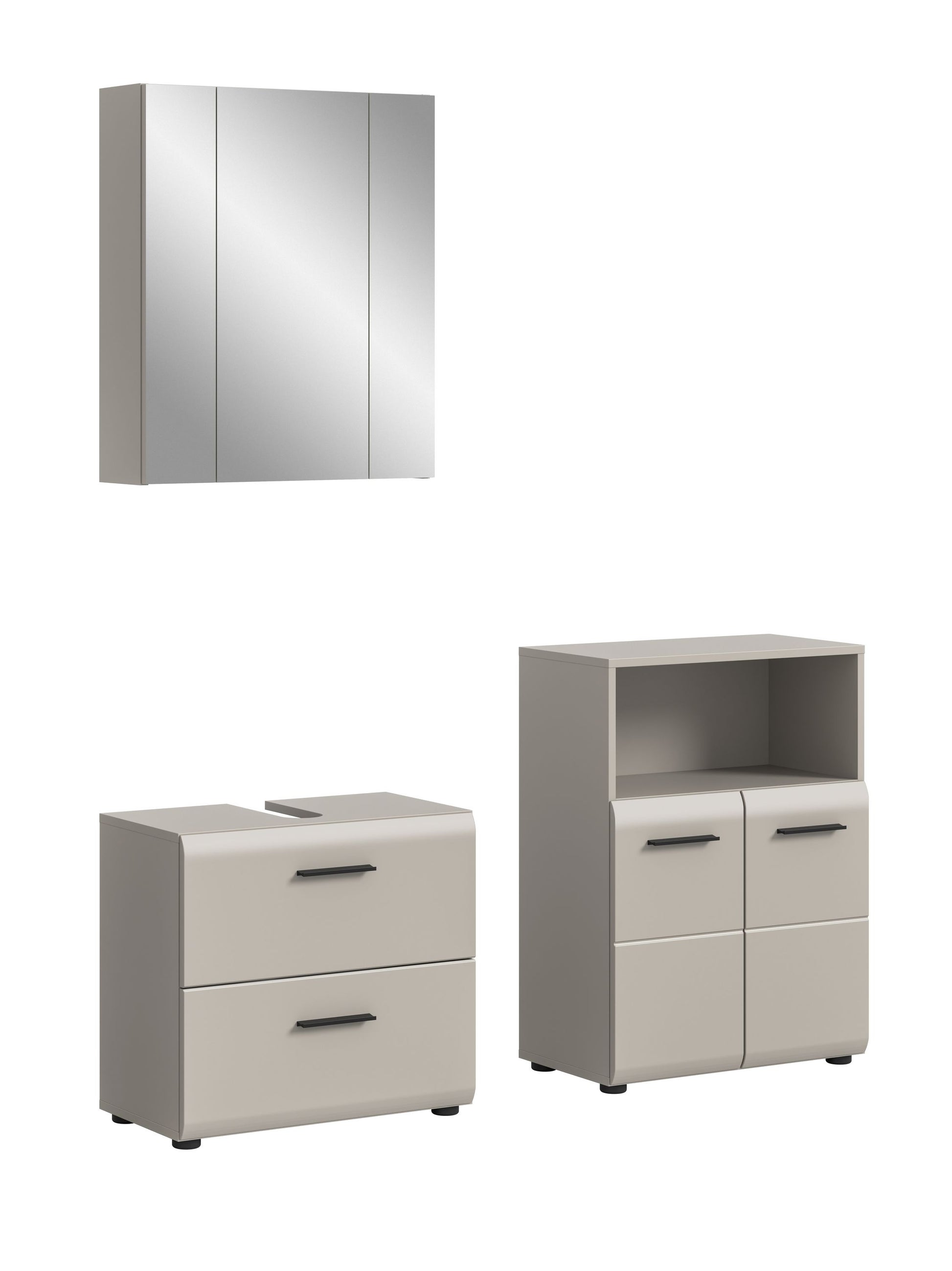 Badmöbel-Set in hellem Grau mit Spiegelschrank und Kommode mit Schubfächern
