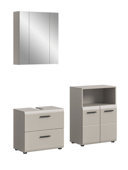 Badmöbel-Set in hellem Grau mit Spiegelschrank und Kommode mit Schubfächern