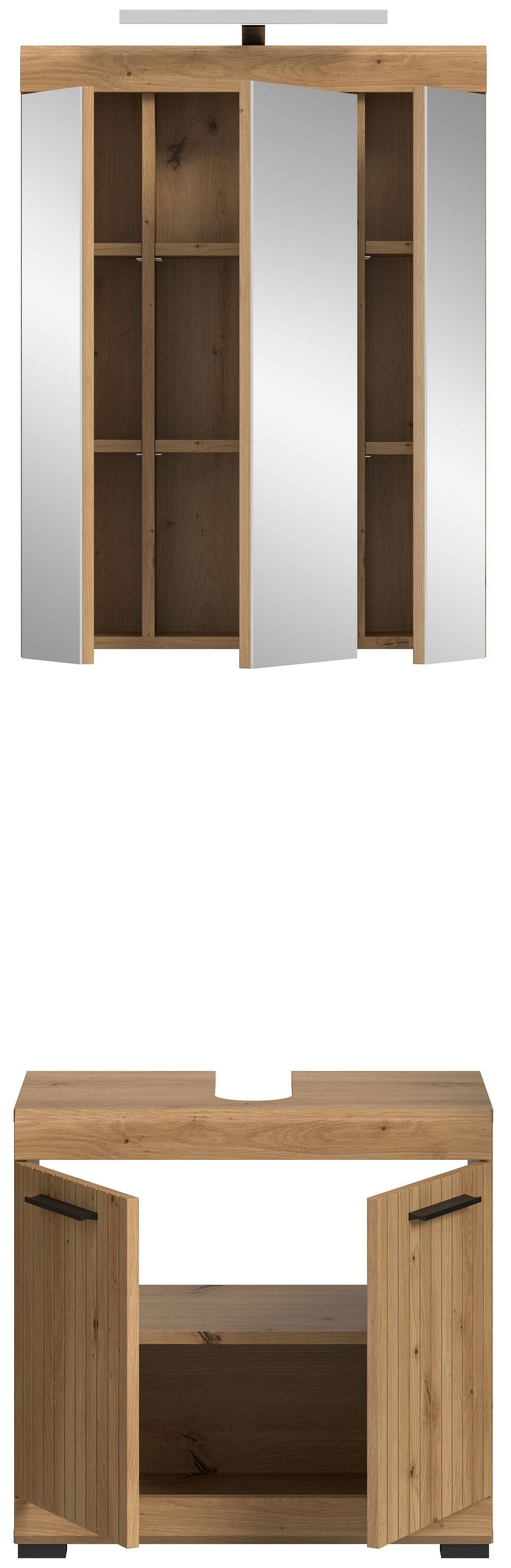 Spiegelschrank geöffnet, mit Innenablage und zwei seitlichen Staufächern
