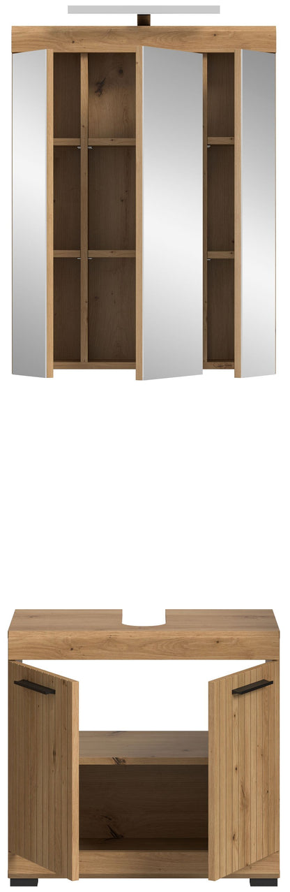 Spiegelschrank geöffnet, mit Innenablage und zwei seitlichen Staufächern