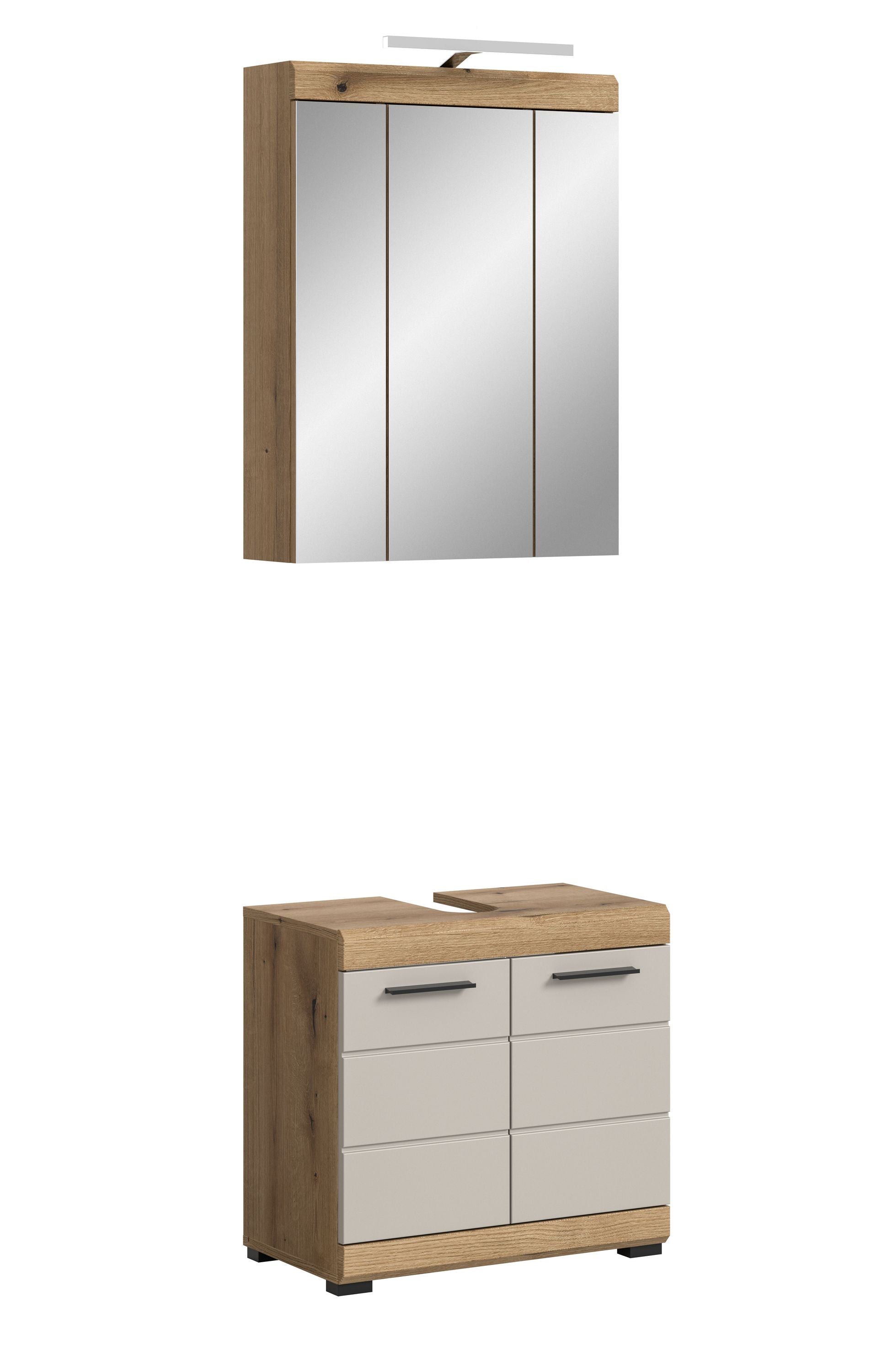 Badezimmerset mit Spiegelschrank, Holzdesign und drei Türen mit integrierter Leuchte