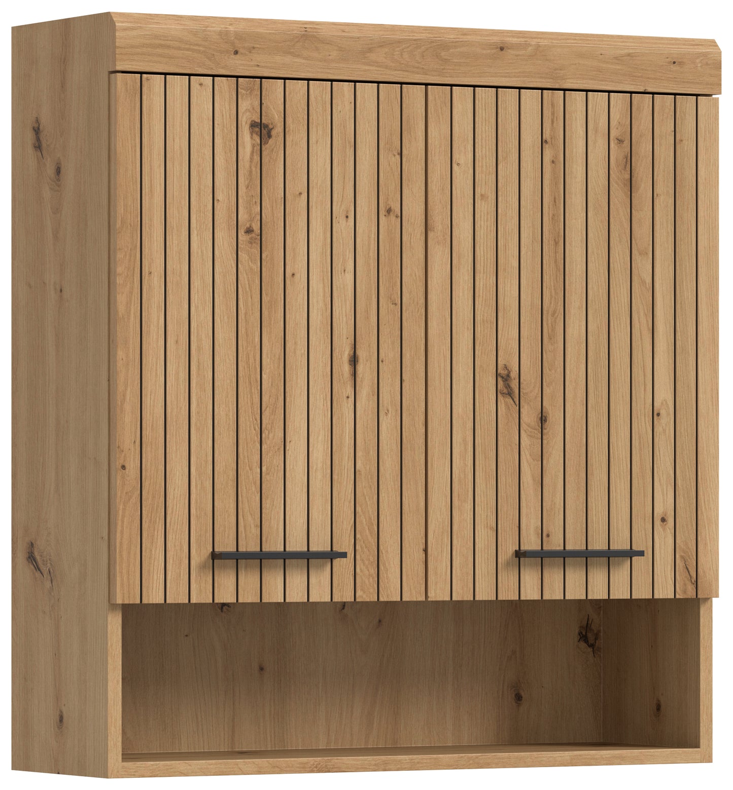 Holz-Badezimmerschrank mit offenen Fächern, senkrechte Rippenoptik in der Rückwand