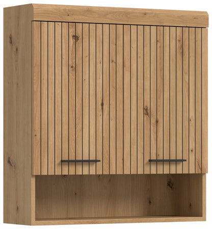 Holz-Badezimmerschrank mit offenen Fächern, senkrechte Rippenoptik in der Rückwand