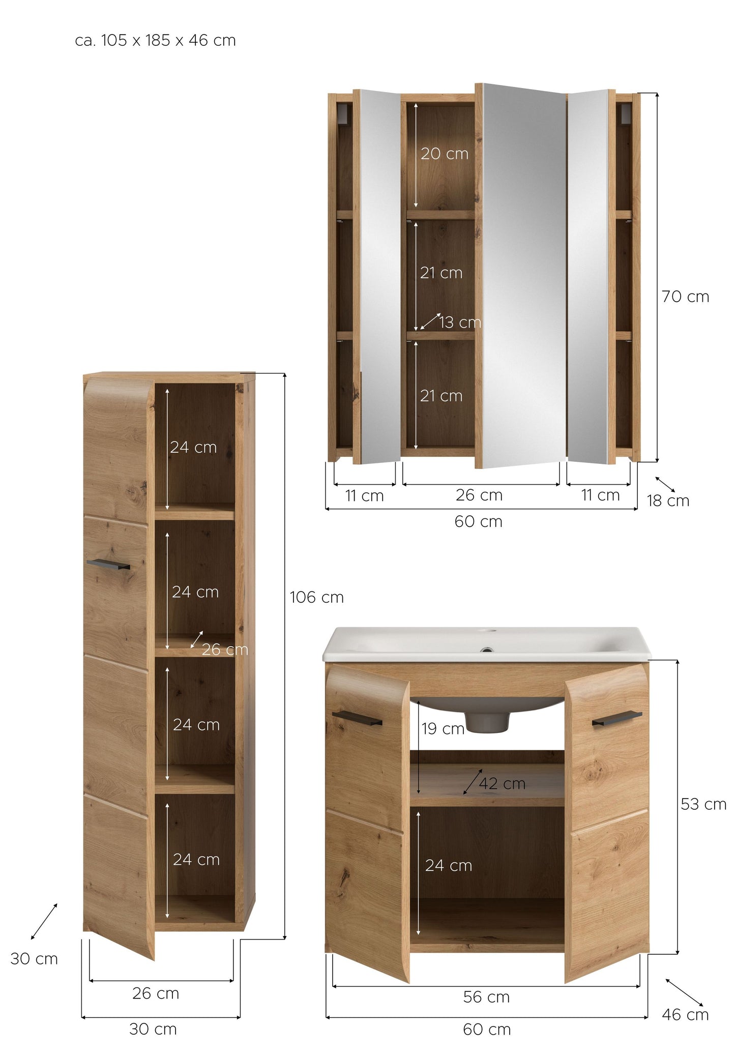 Badezimmermöbel-Set 4-teilig mit Maßangaben: Spiegelschrank, Waschtisch und Hochschrank in Eiche