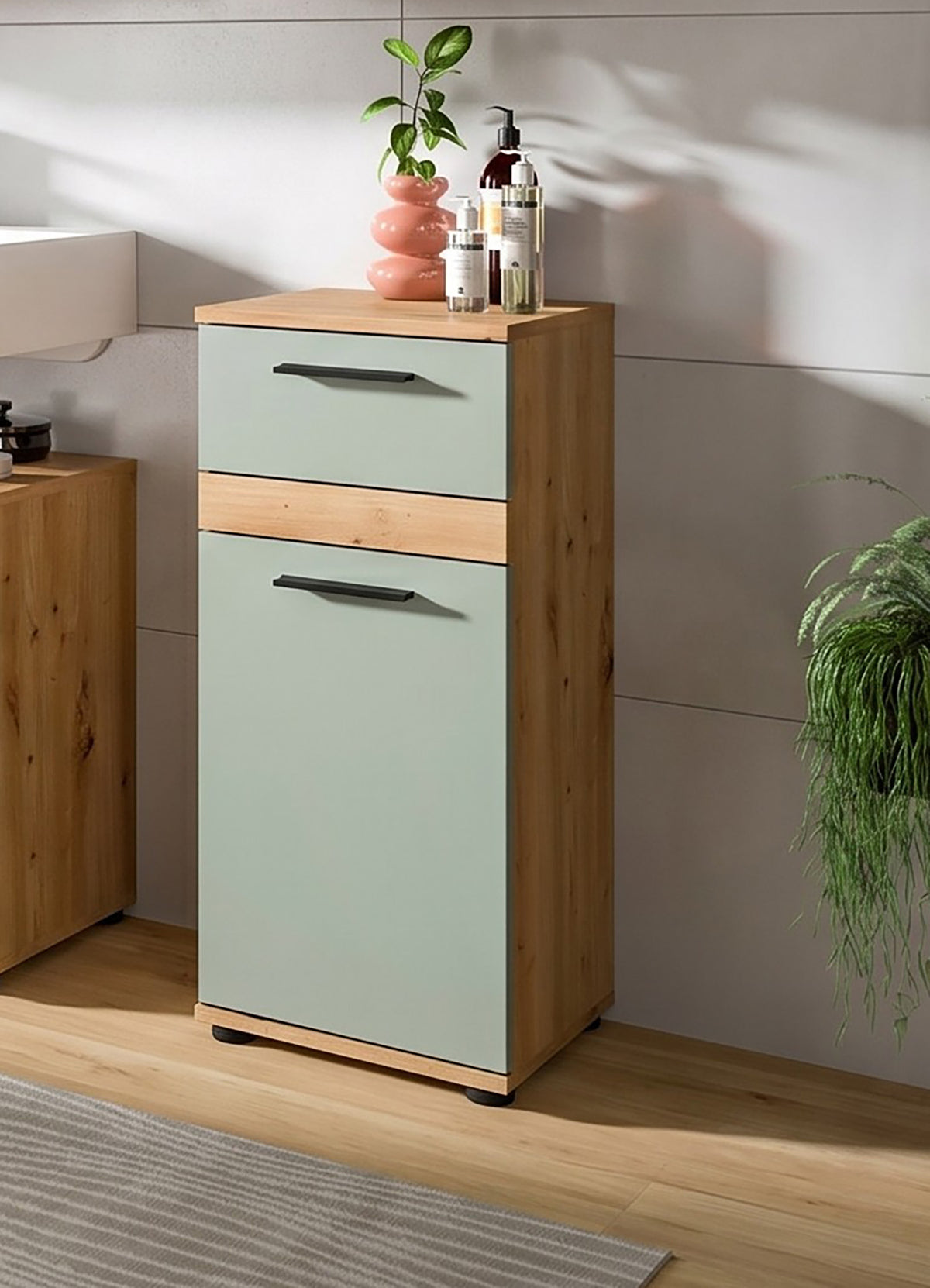 Badezimmerschrank mit zwei Schubladen, graublau, Holzseiten, Griffmulden