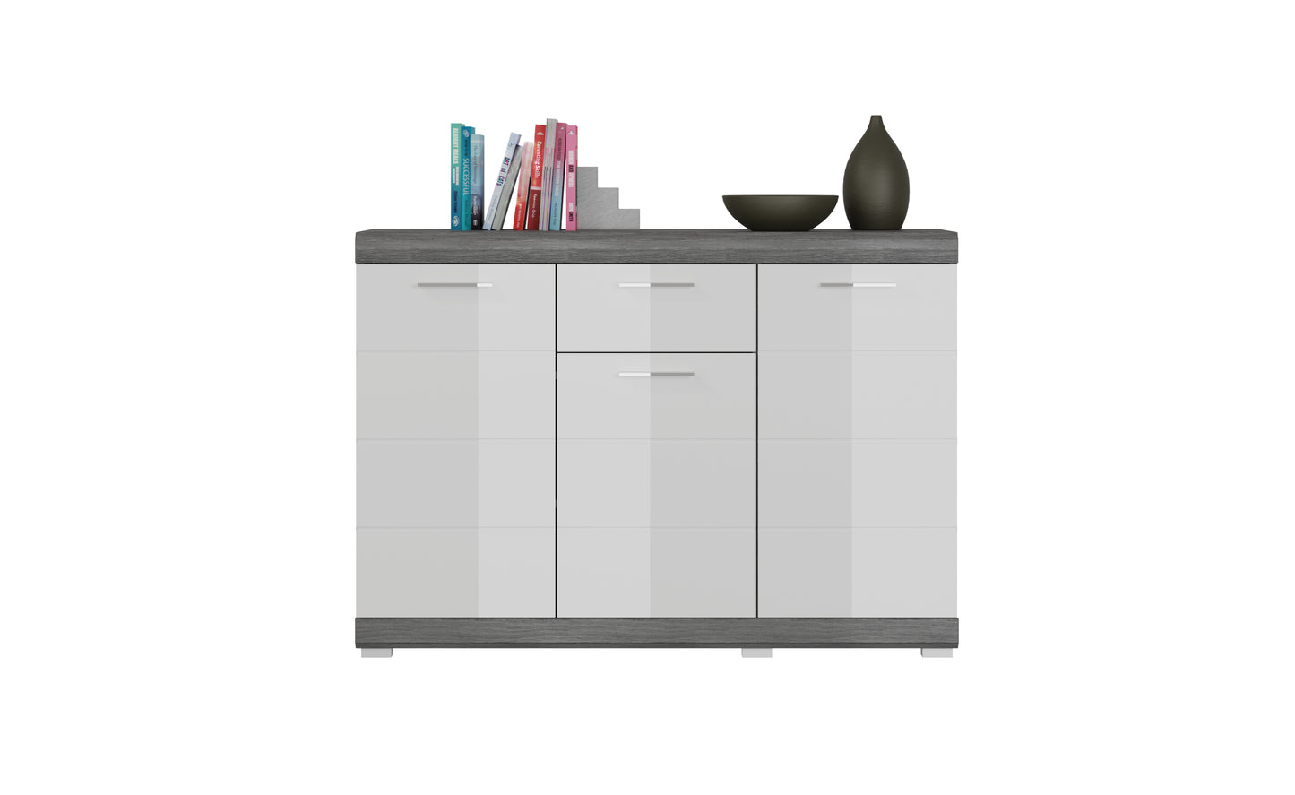 Commode SCOUT (L/H/P : env. 120/85/37 cm) coloris argent fumé/blanc brillant
