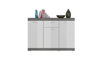 Commode SCOUT (L/H/P : env. 120/85/37 cm) coloris argent fumé/blanc brillant