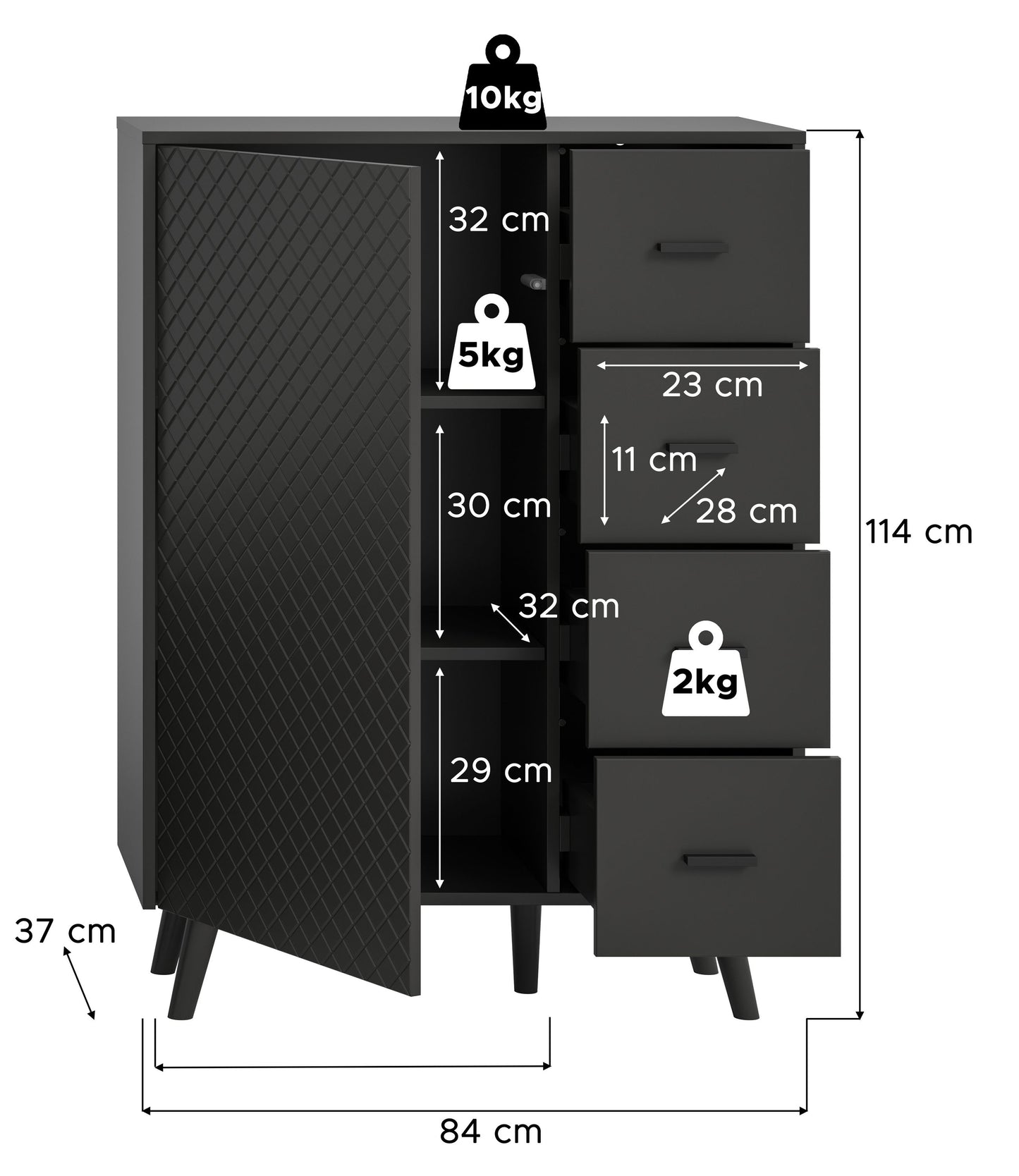 Commode LINEA (L/H/P : env. 84/114/37 cm) en gris/gris mat