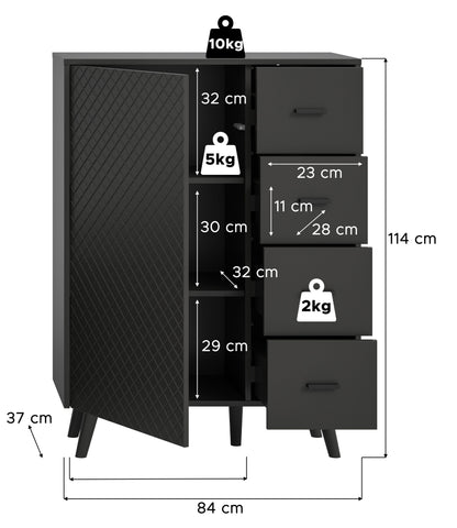 Commode LINEA (L/H/P : env. 84/114/37 cm) en gris/gris mat