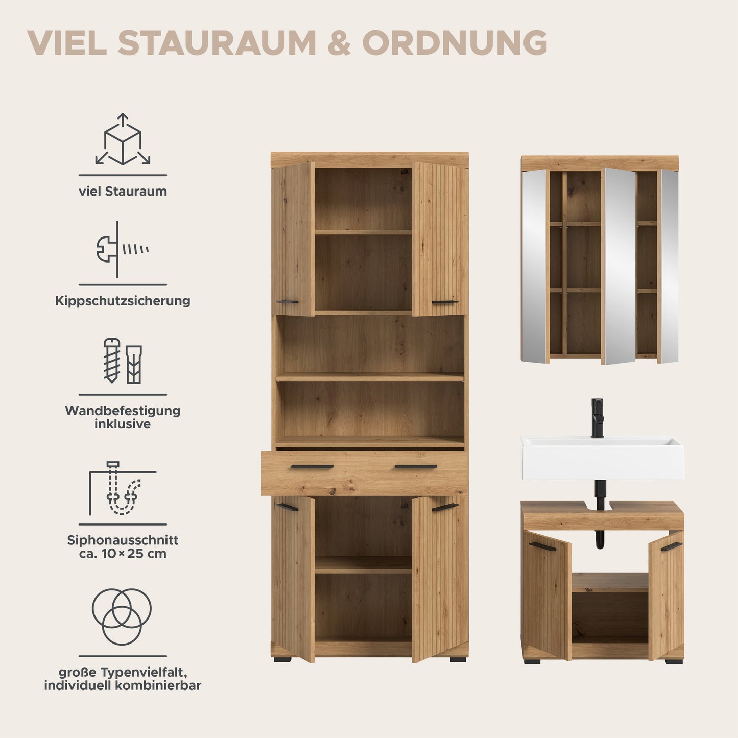 Badezimmerschrank-Set mit offenem Fachboden und Spiegeltüren, Korpus weiß und Holzdekor