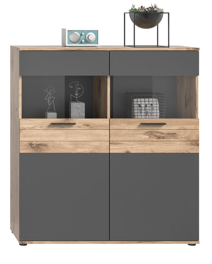 Vitrine MASON (L/H/P : env. 110/122/37 cm) en imitation chêne Nox/gris basalte