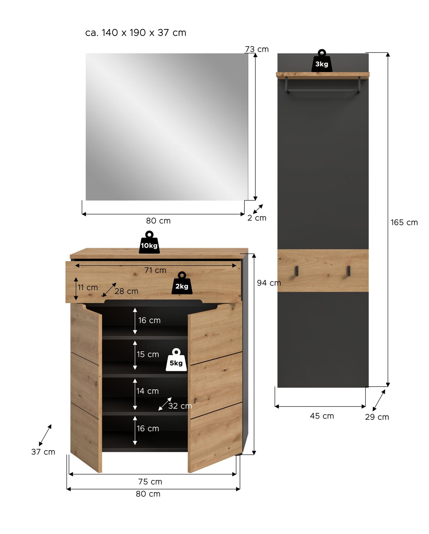 Ensemble de vestiaire CANU (L/H/P : env. 140/190/37 cm) en gris basalte/vert fumée
