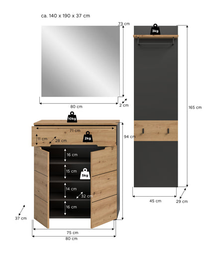 Ensemble de vestiaire CANU (L/H/P : env. 140/190/37 cm) en gris basalte/vert fumée