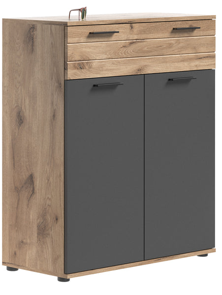 Commode à chaussures MASON (L/H/P : env. 90/104/37 cm) aspect chêne Nox/gris basalte